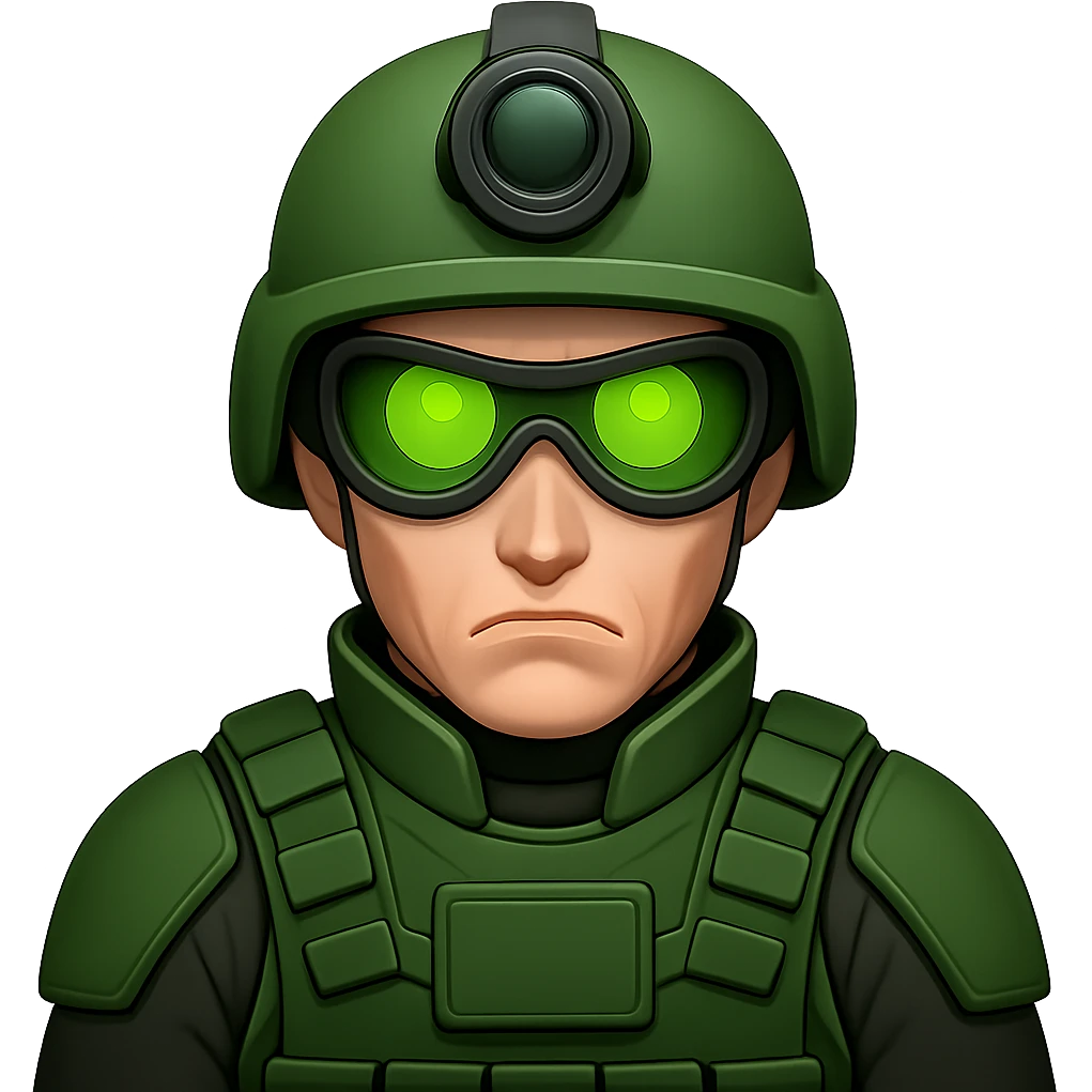 Make the white-skinned male soldier look even cooler and more intimidating, wearing stylish green gear, a distinctive modern helmet, and night vision goggles. Render in emoji style with no background (transparent). emoji