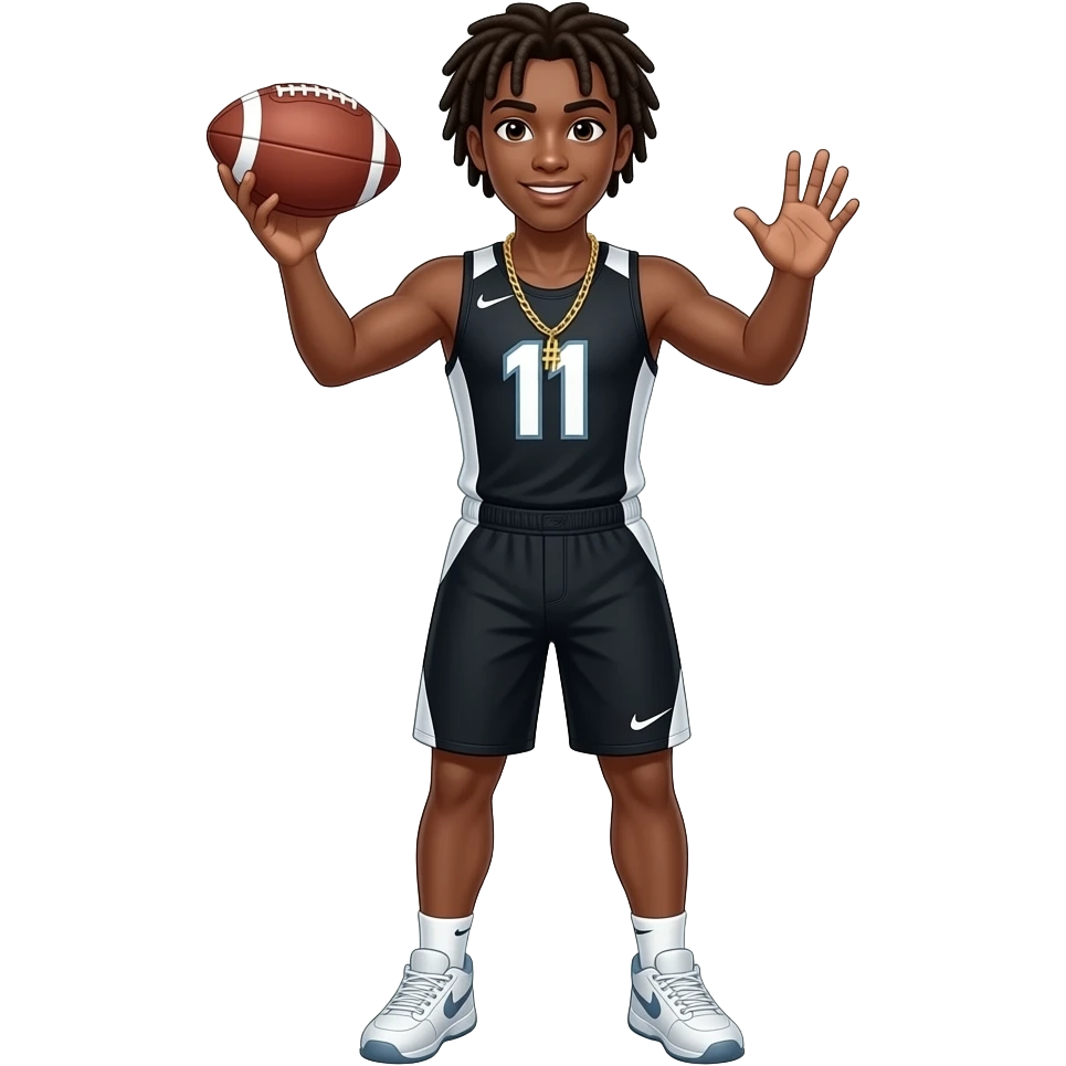 Brown skin teenager with dreads and Nike compression tank top black and white with number #11 on it Nike compression shorts with gold chain catching a football with two hands emoji