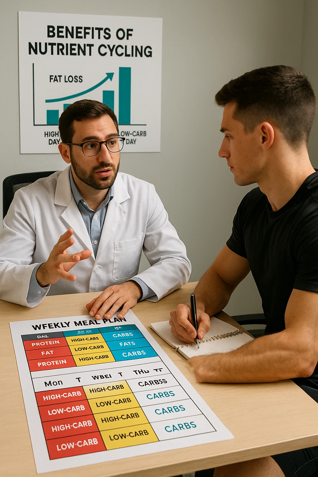 a nutritionist explains to an athlete how to cycle macronutrients for fat loss and training. On the desk, a weekly meal planner shows alternating high-carb and low-carb days, with color-coded sections for proteine, grassi, and carbo. The athlete takes notes, and a chart in the background illustrates the benefits of nutrient cycling. The mood is professional and educational. scritto in italiano emoji
