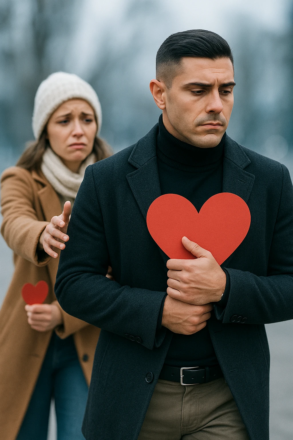 un uomo italiano in abiti casual si allontana da una donna che cerca di abbracciarlo. Lui stringe al petto un grande cuore rosso, mentre lei ne tiene uno più piccolo; entrambi hanno espressioni tristi, e la distanza emotiva è sottolineata da uno sfondo sfocato e freddo. emoji