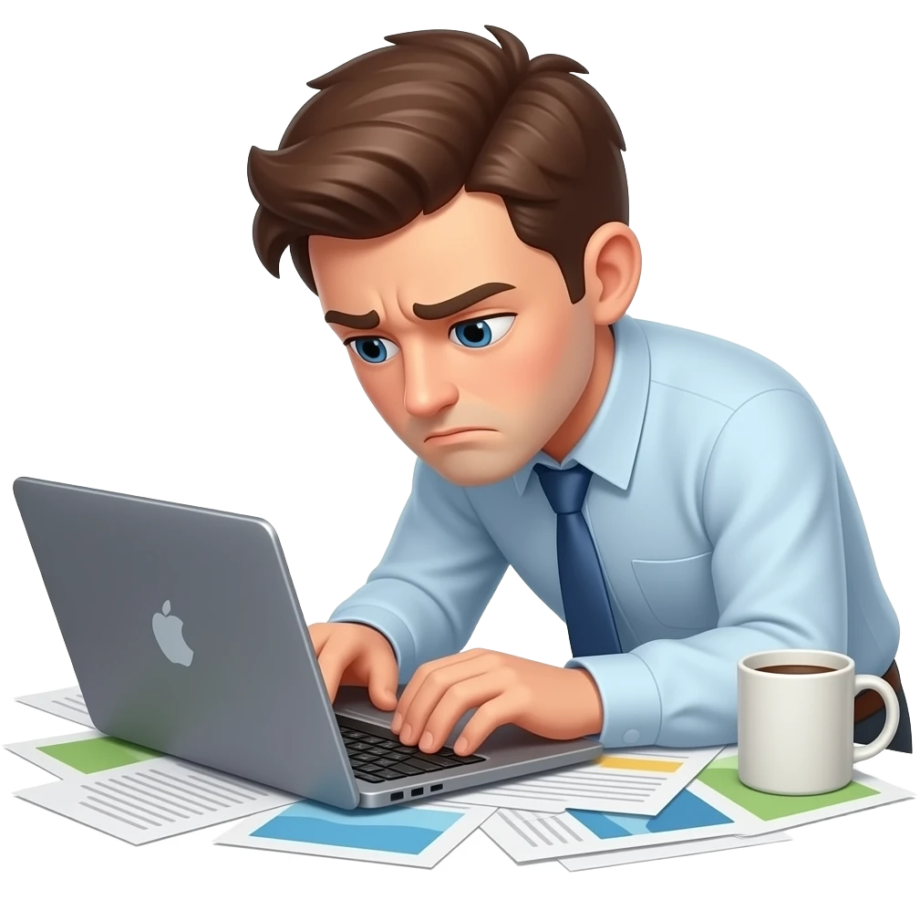 tired person sitting at a laptop, looking exhausted and frustrated. emoji
