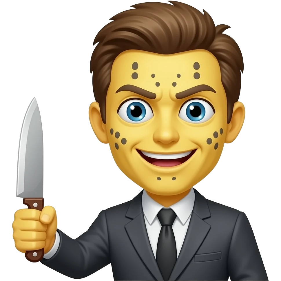 Yellow face with wide crazy eyes scary smile and a knife emoji