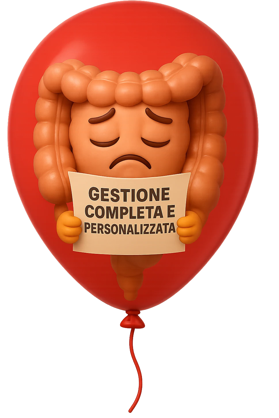 EMOJI STILE IPHONE 3D DI INTESTINO 3D CON ESPRESSIONE TRISTE  IN VOLTO CHIUSO IN UN PALLONCINO ROSSO, FAGLI ANCHE LA PARTE BIANCA DEGLI OCCHI, NON SOLO LA PUPILLA emoji