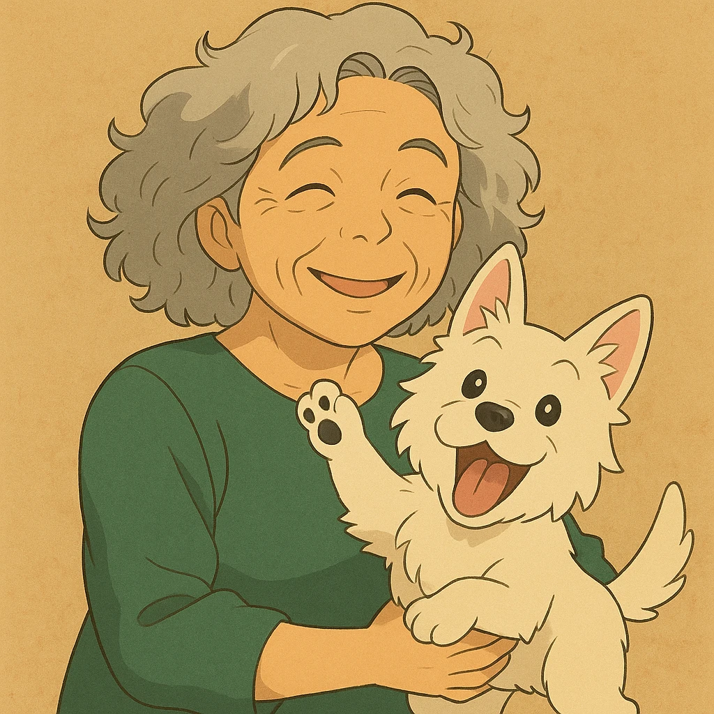 Make the Westie dog playful, with a joyful pose or playful look, keep the 50-year-old lady with silver curly hair smiling emoji
