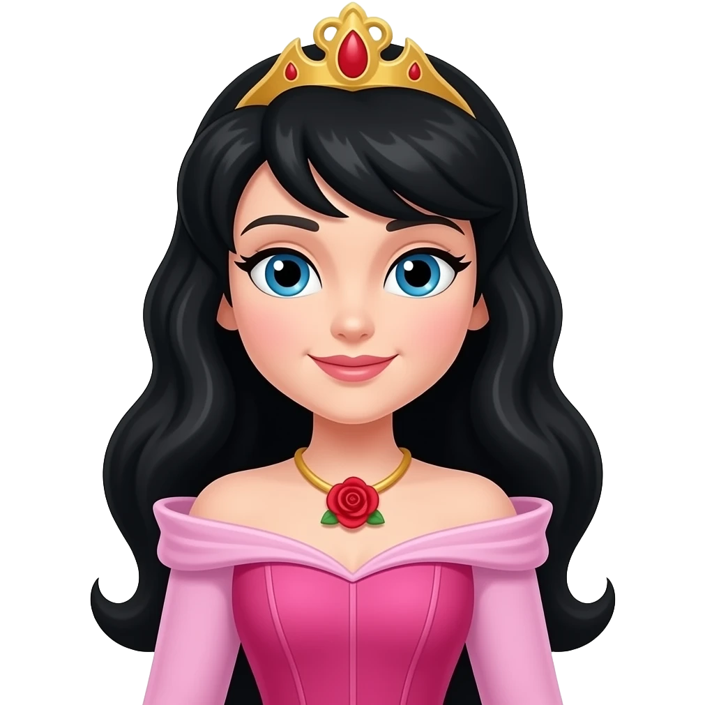 Princess Aurora but the hair is black. Then change the necklace into a red rose necklace the dress should be a pink one like sleeping beauty emoji