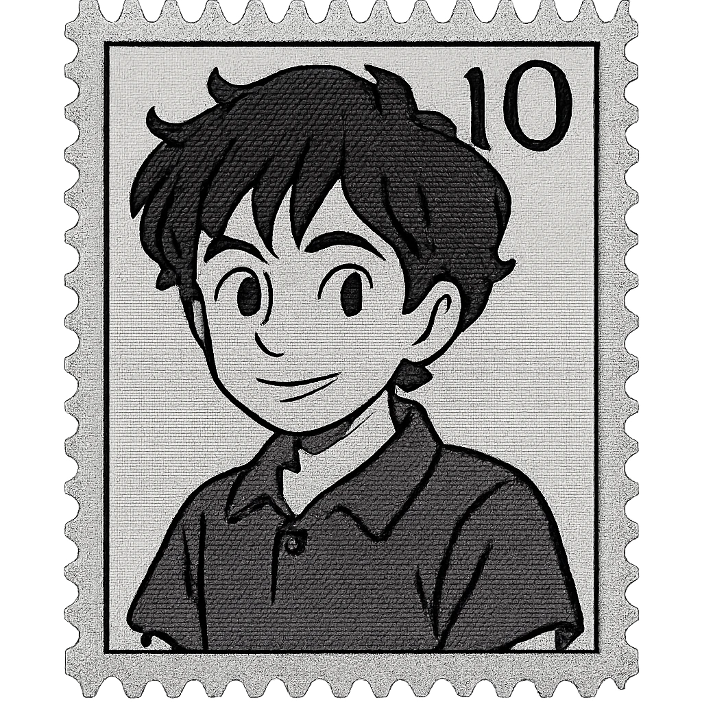 Create a black and white version of this stamp illustration, preserving all details and the style. Remove all color and shading, using only black and white for the portrait, border, and number, with a transparent background. emoji