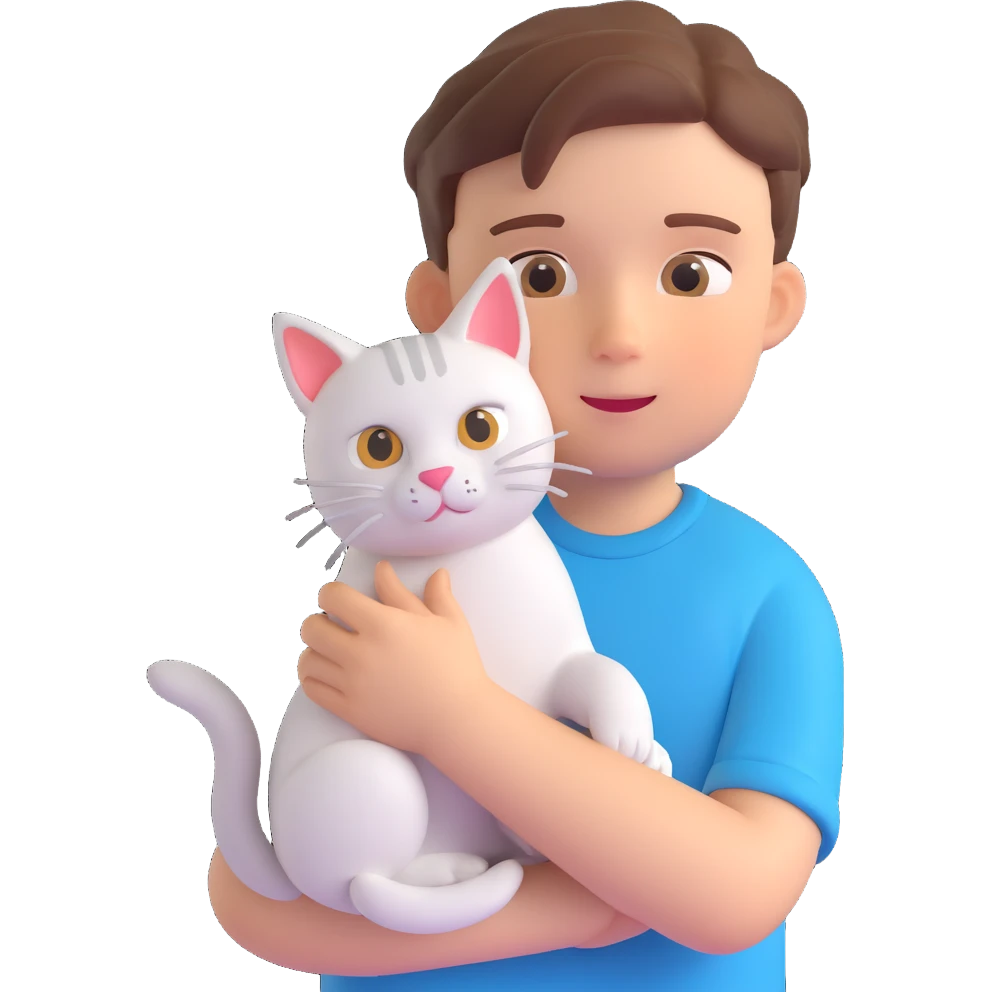 boy and cat pet in forrest background, close up pose emoji