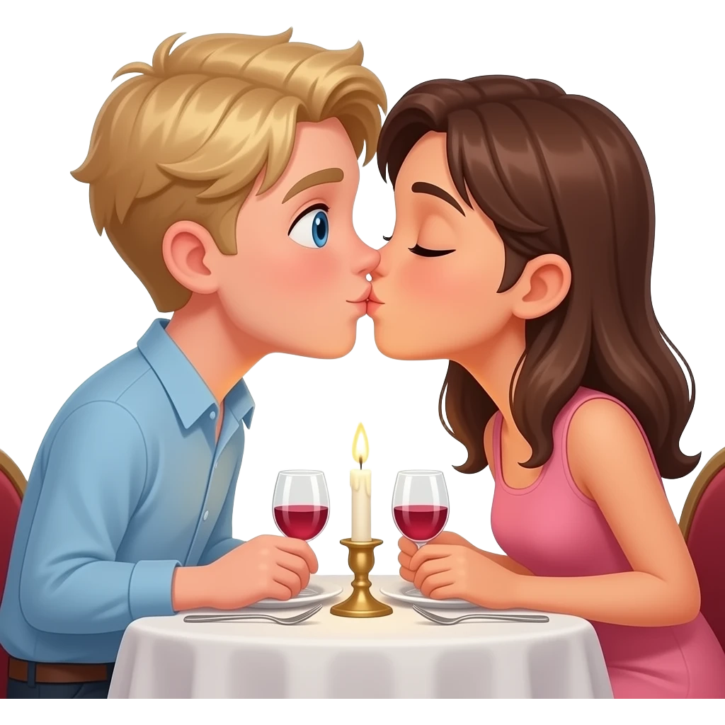 Make a young gay male teen couple on a Date , one has light Skin with Blond Hair and Blue Eyes, the other one has slightly brown skin witz dark Brown Hair and Brown Eyes. They are on a date having dinner. They are kissing. emoji