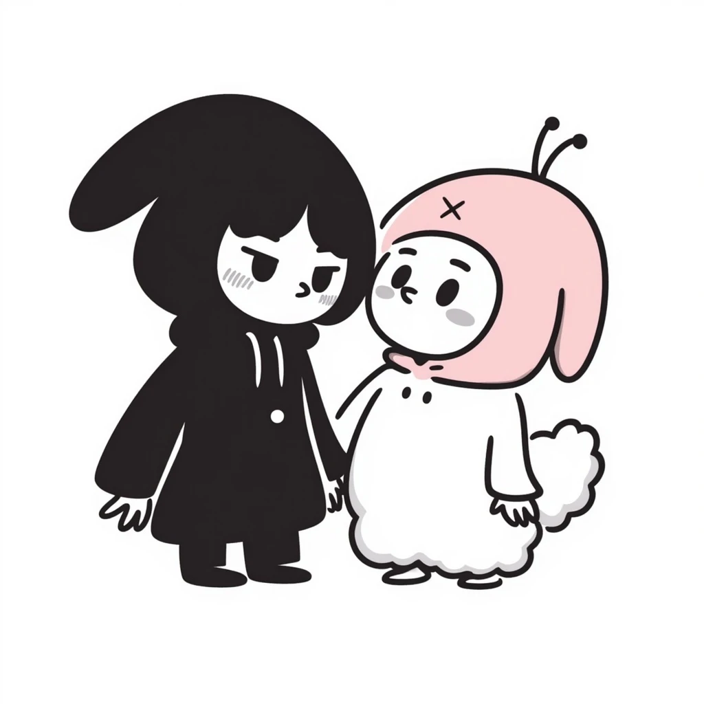 Kuromi and My Melody together, hand-drawn, quirky look emoji
