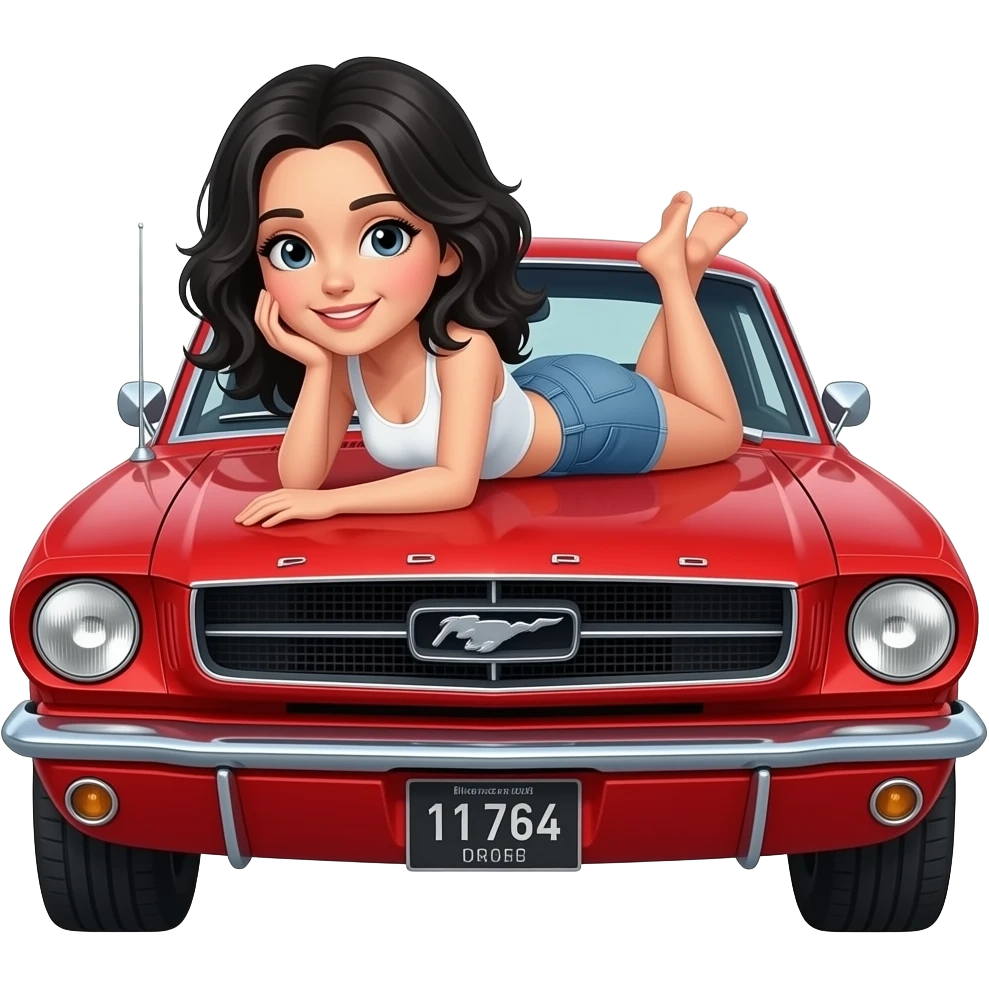 Pale girl with black wavy hair lying on the hood of a red Ford Mustang 1968 coupe. emoji