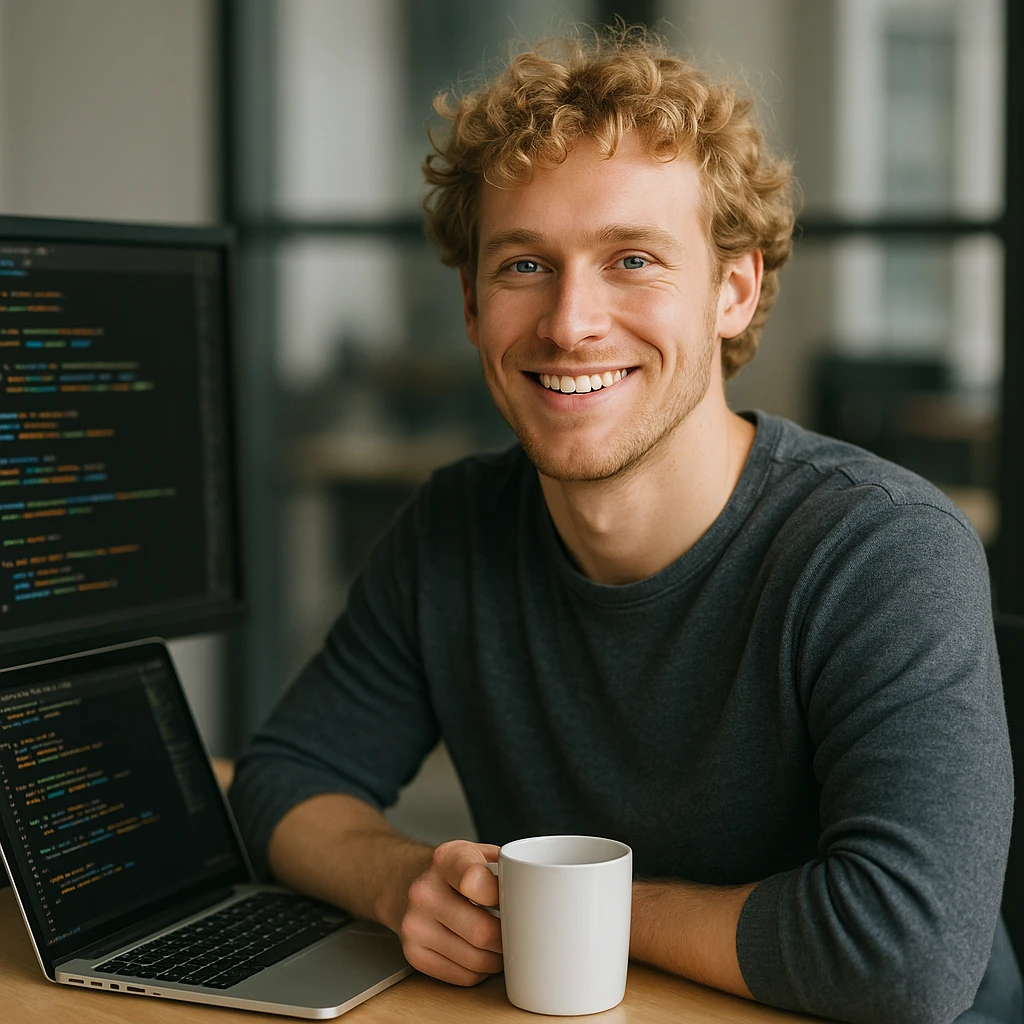 male software developer with blonde curly hair and blue eyes, sitting at a desk with coffee mug, relaxed and smiling emoji