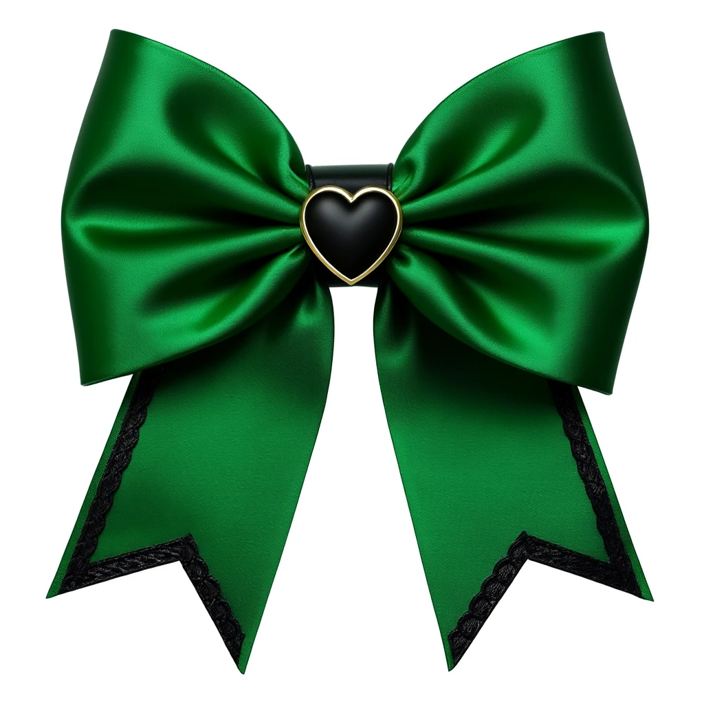 green gothic bow with black lace trim and heart charm, remove background emoji