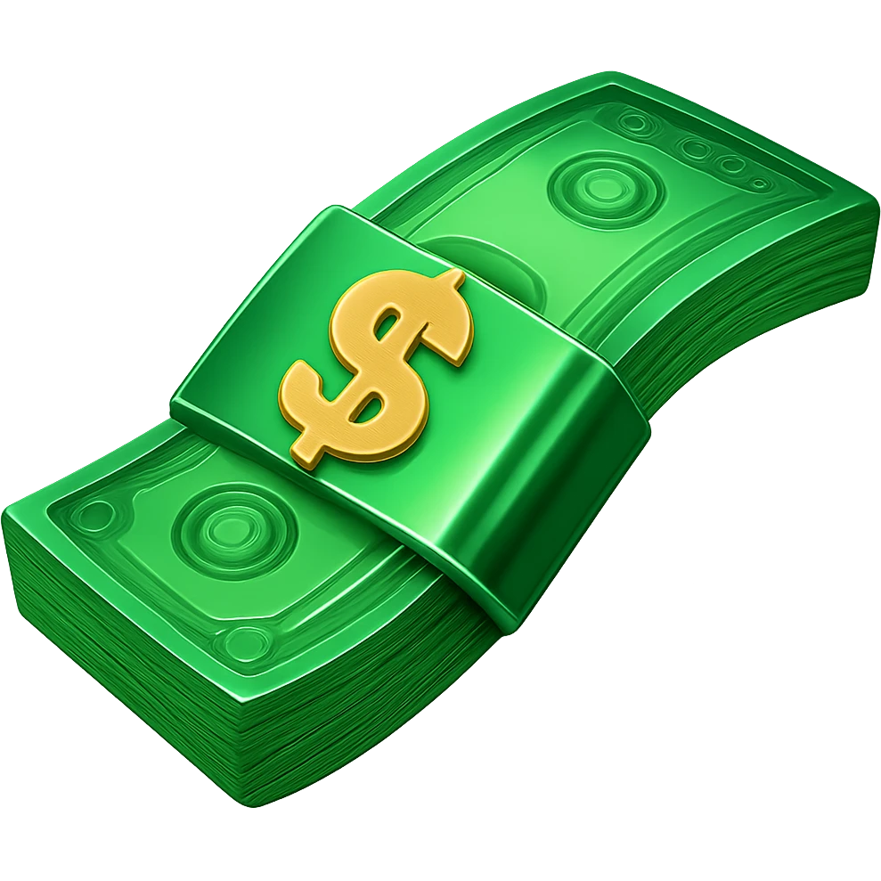 Remove the golden wings from the image. Keep the cash green and shiny. Keep all other areas chrome and metallic. No background, isolate the subject. emoji