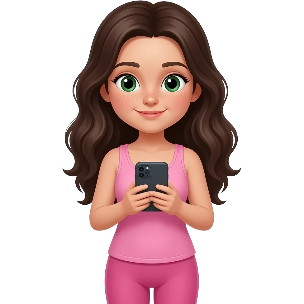 young girl in the style of iphone emoji people, fair skin, green eyes, freckles,long dark brown wavy hair, pink tank top and pink leggings, looking at the phone emoji