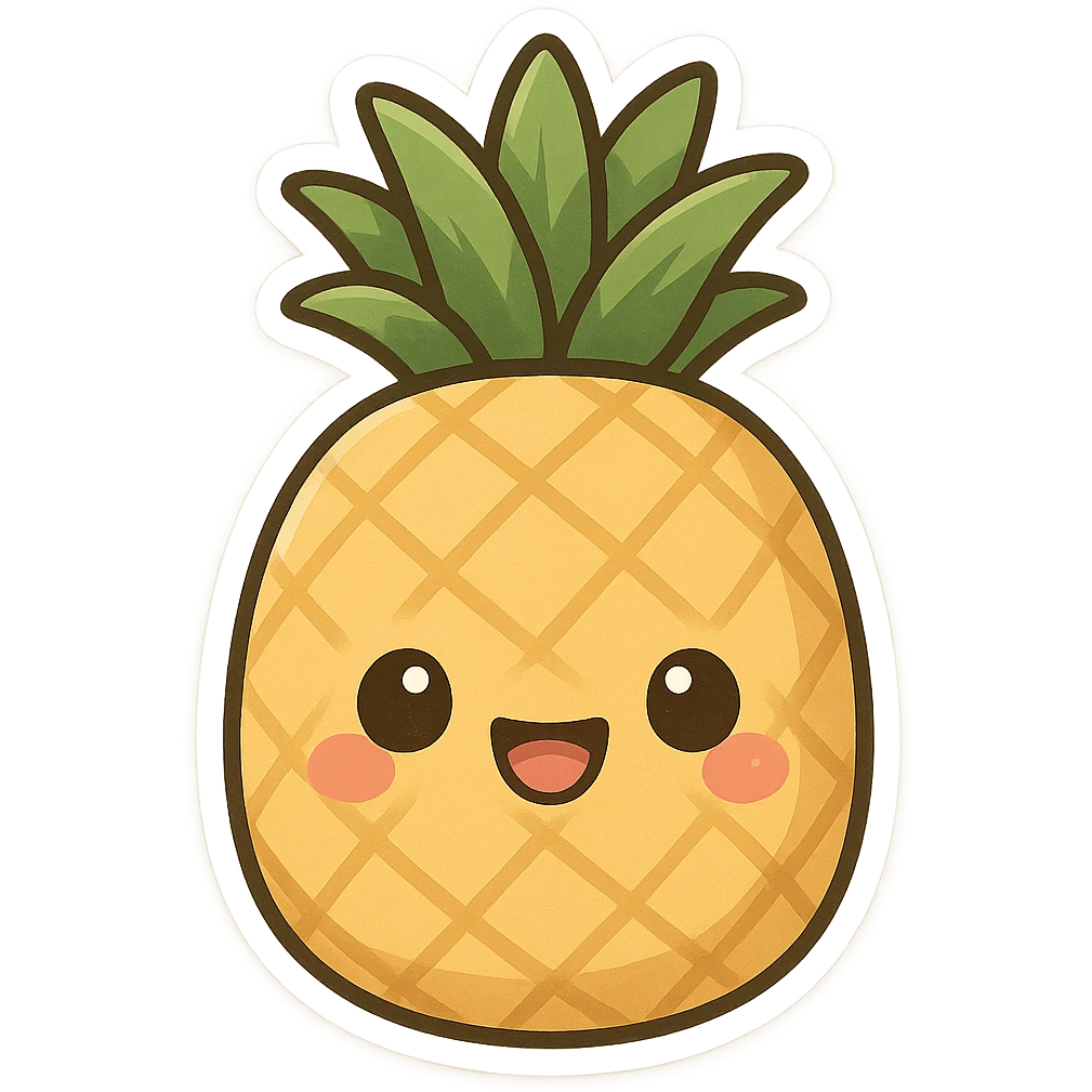 chibi sticker-style pineapple with a smiling face, cute and exaggerated emoji