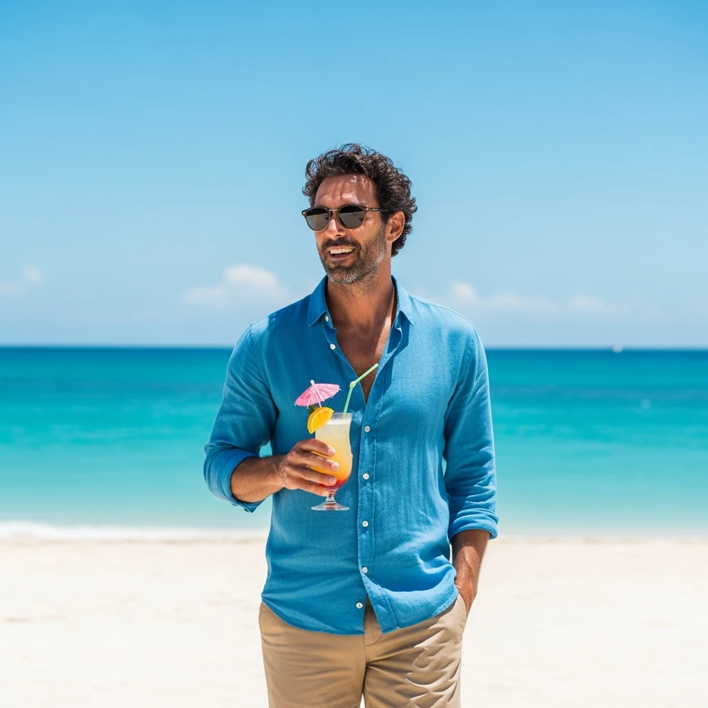 take this picture of a man and make it  beach photo with drink emoji