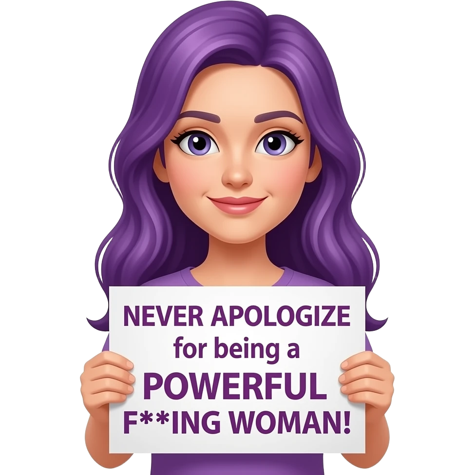 girl with long purple hair holding a NEVER APOLOGIZE for being a POWERFUL F***ING WOMAN! sign emoji