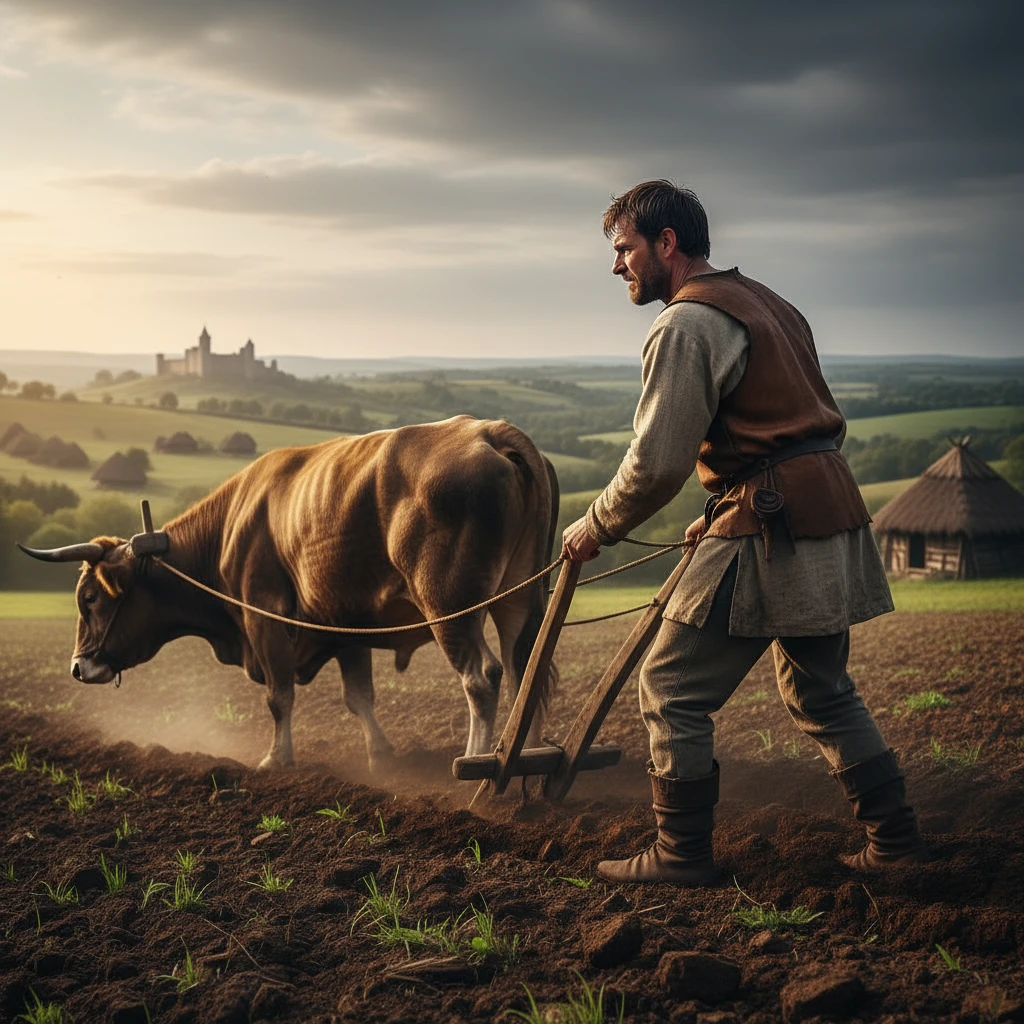 нарисуй в профиль средневекового мужчину с плугом и волами emoji