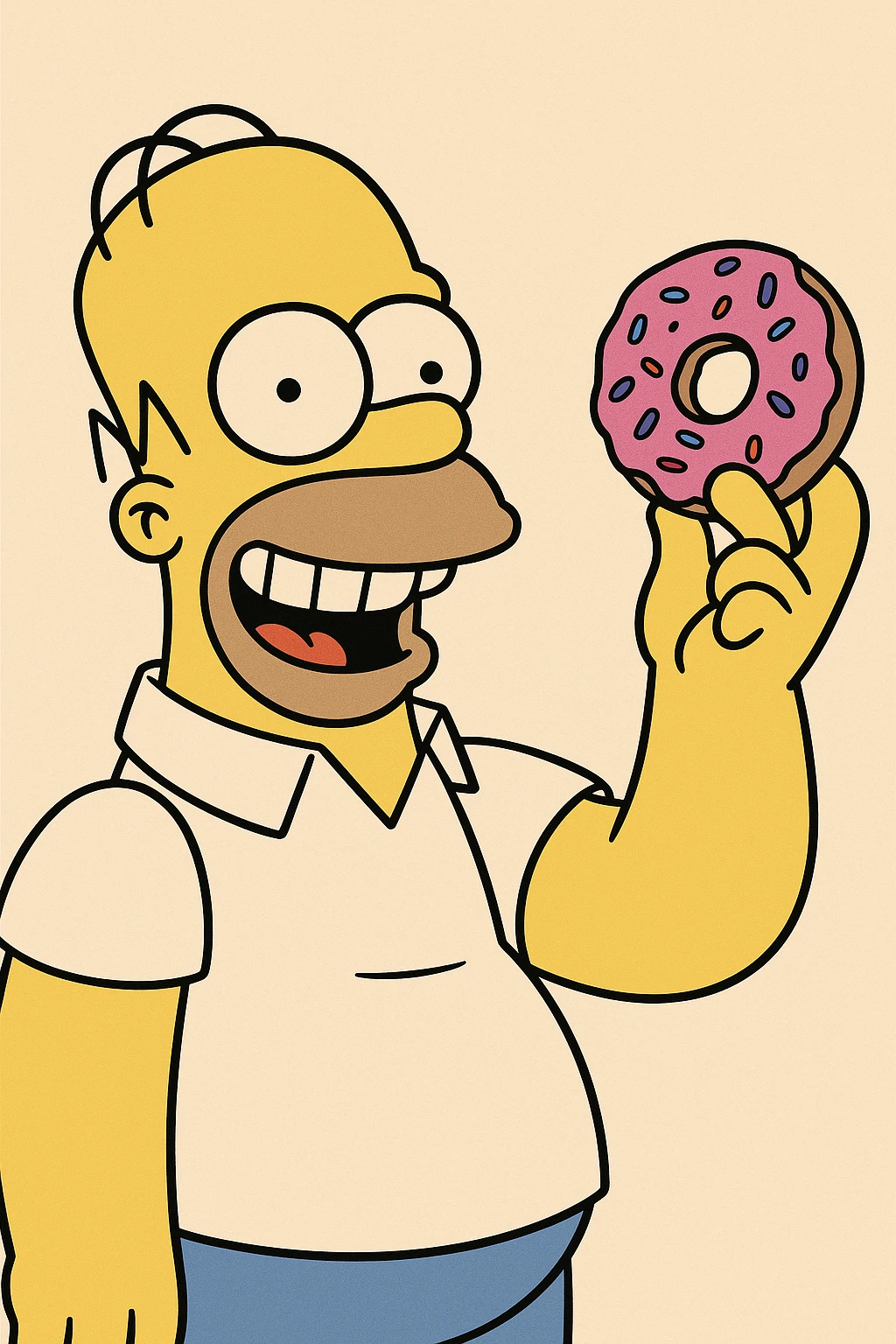 Homer Simpson grinning, holding a donut up, classic cartoon look, yellow skin, pink donut, plain background emoji