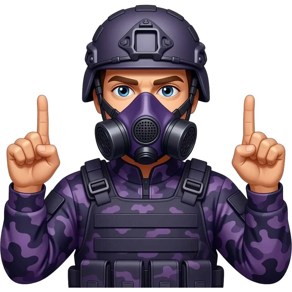 Man with two middle fingers in dark purple camoflage tactical gear helmet full face dark purple gasmask emoji