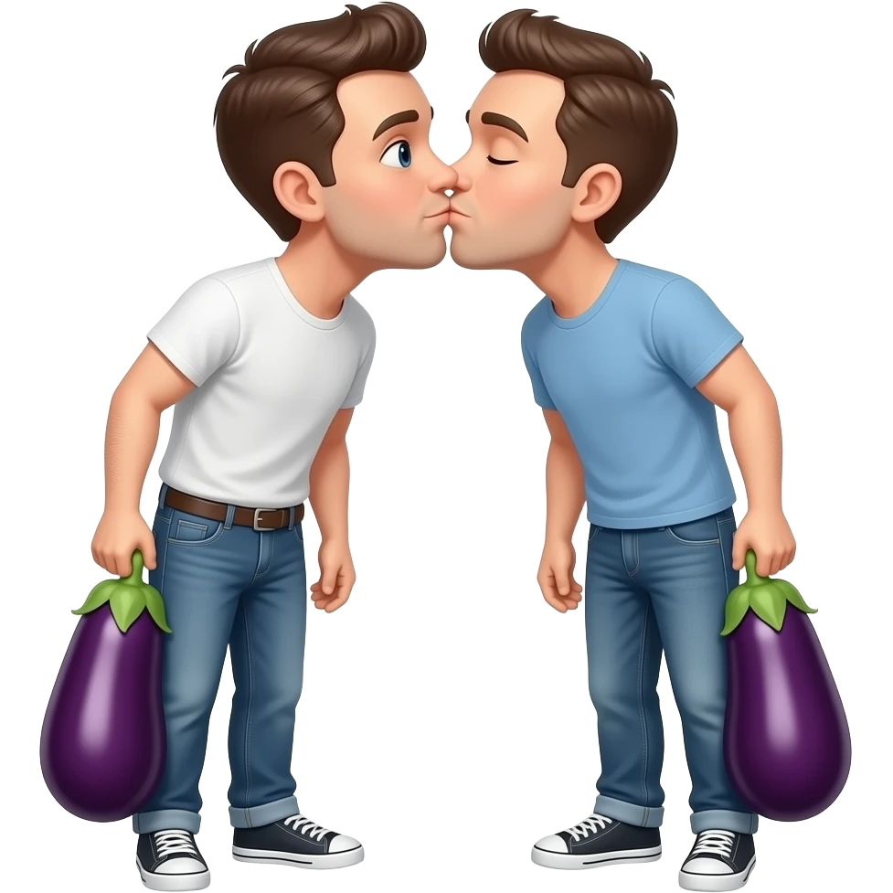 Two men kissing each other with two eggplants out Make the eggplants attached to their pants emoji