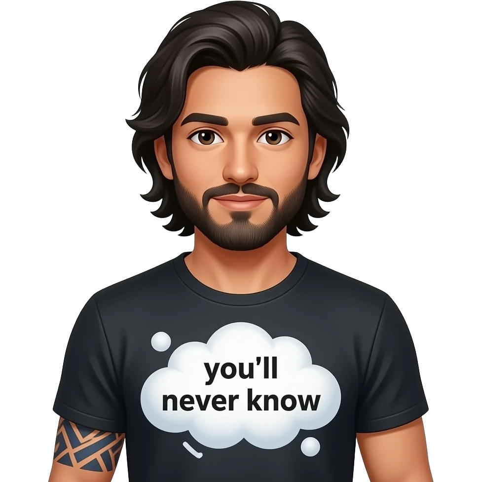 Kawaii style Handsome Latino, man with medium length hair and tattoos with a long beard  with a text cloud saying you’ll never know emoji