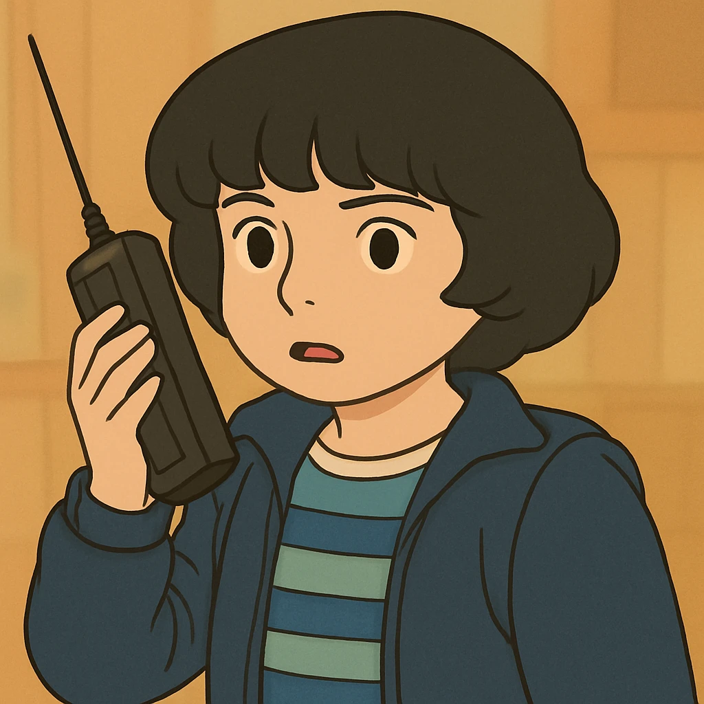 Mike Wheeler with a voluminous bowl haircut, wearing iconic first season clothes (blue striped shirt and jacket), simple and delicate line art, colored in pastel tones, with thick and dark outlines, in Ghibli style, 1:1 format. emoji