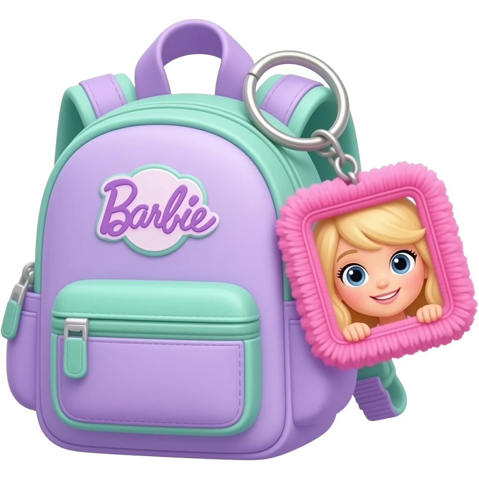 soft purple green school backpack Plush big pink photo frame keychain and cute character, transparent background inspired by barbie colour pallete emoji