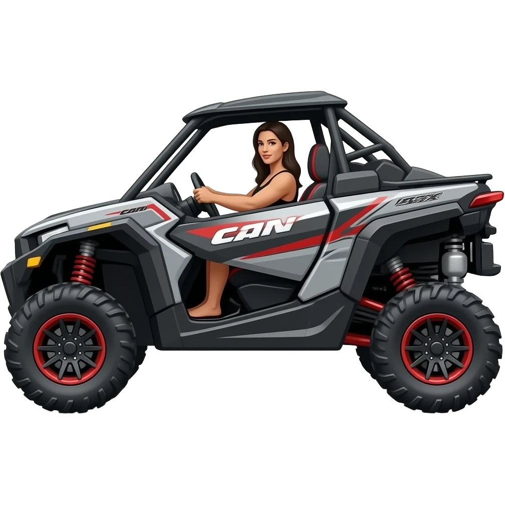 Side view of grey and red can am maverick sxs with guy driving (big bald guy with big beard) and wife in front side seat that’s dark tan with black hair emoji