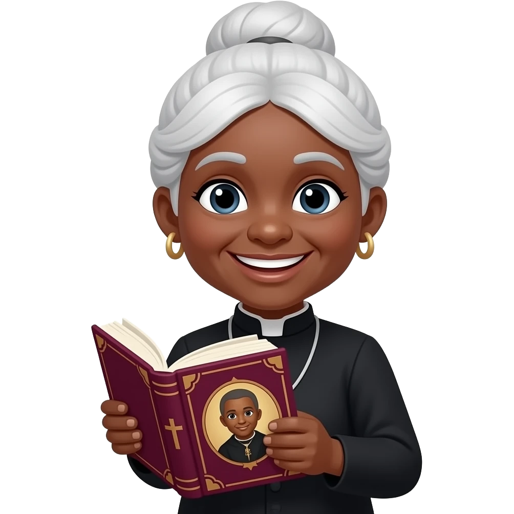 wise old woman with white hair in a bun black skin smile with burgundy book that has a cross on it emoji