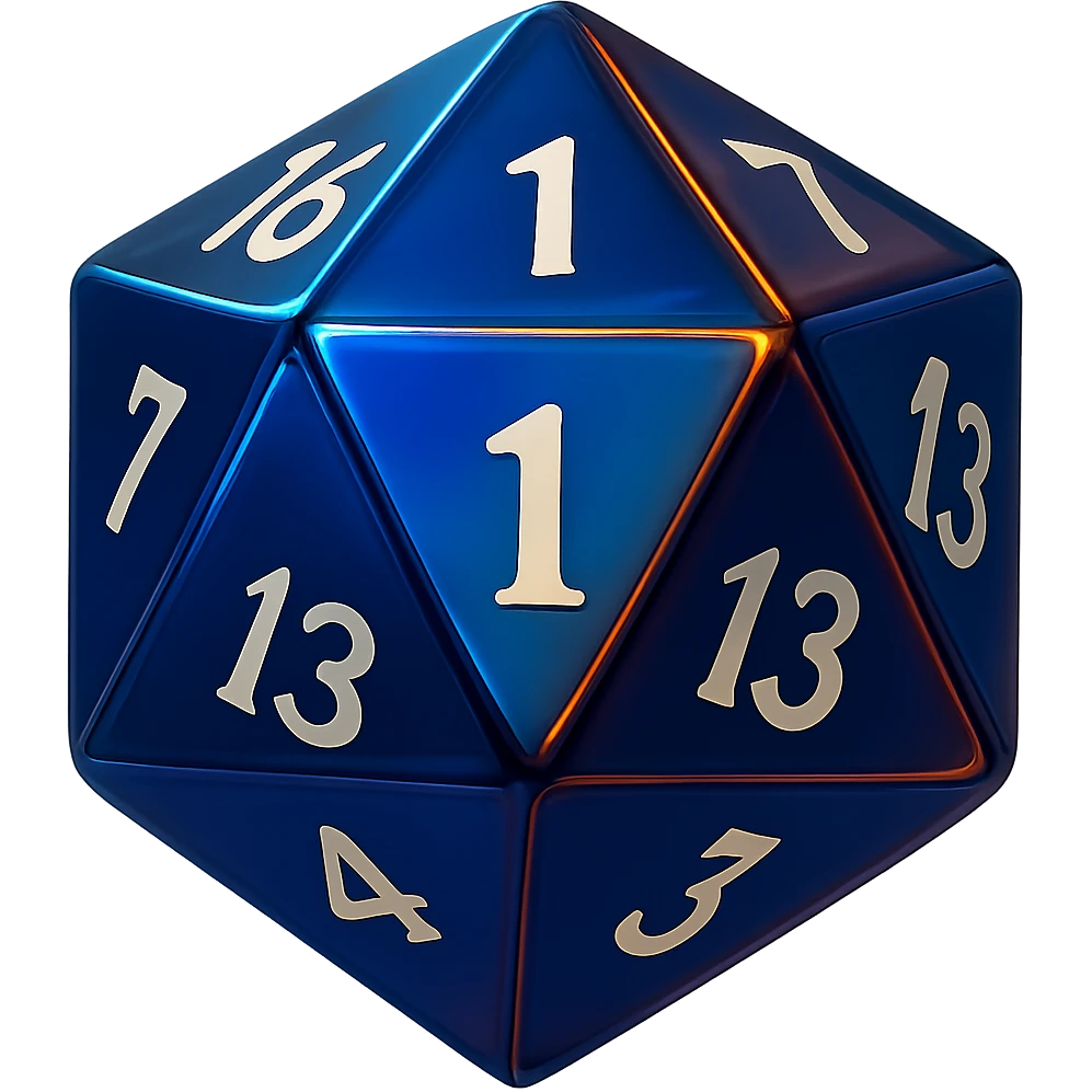 Rotate the D20 dice so the side facing the viewer shows the number 1. Keep the modern, sleek design with vibrant colors and a glossy finish. No background. emoji