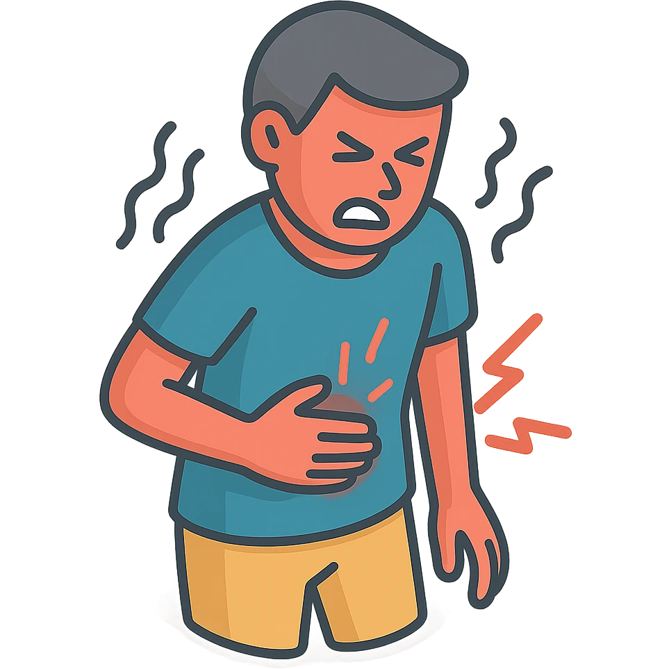 A half-body figure holding their stomach, writhing in pain with waves of pain around them, in 2d-isometric style with shadows and highlights. Focus on torso, stomach, arms, and expression of pain. Variant similar to the second in the previous series but with one hand on the stomach and the other on the side. Transparent background. emoji