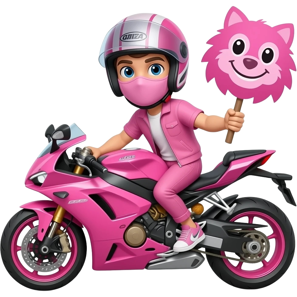 sexy boy with a motorcycle helmet in pink clothes and a pink motorcycle wearing a pink mask holding a PINK SMILE BEAST sign emoji