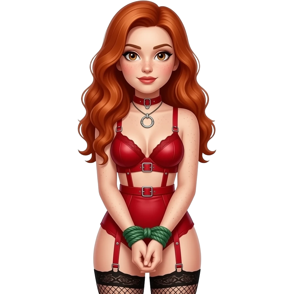 Light skin with freckles, long red hair, hazel eyes Dominatrix, wearing BDSM style red harness lingerie and black fishnet stockings. Hands bound with green rope emoji