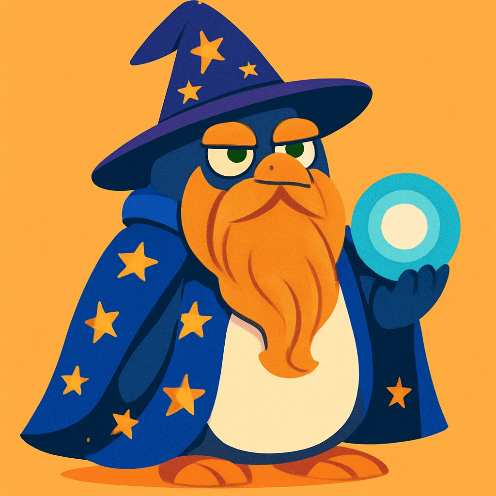 chubby penguin wizard with a long beard, starry cloak, and a glowing orb, looking wise and mystical emoji