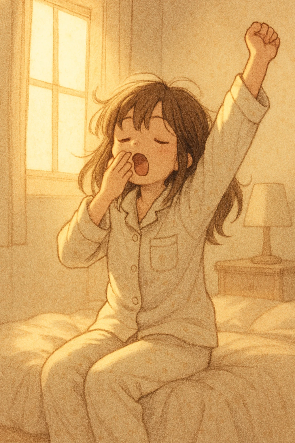 a sleepy girl with brown hair stretching and yawning, just out of bed, cozy morning light emoji