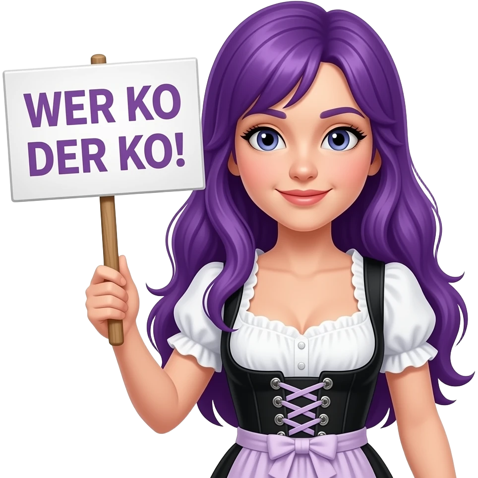 girl with long purple hair wearing a dirndl holding a WER KO DER KO! sign emoji