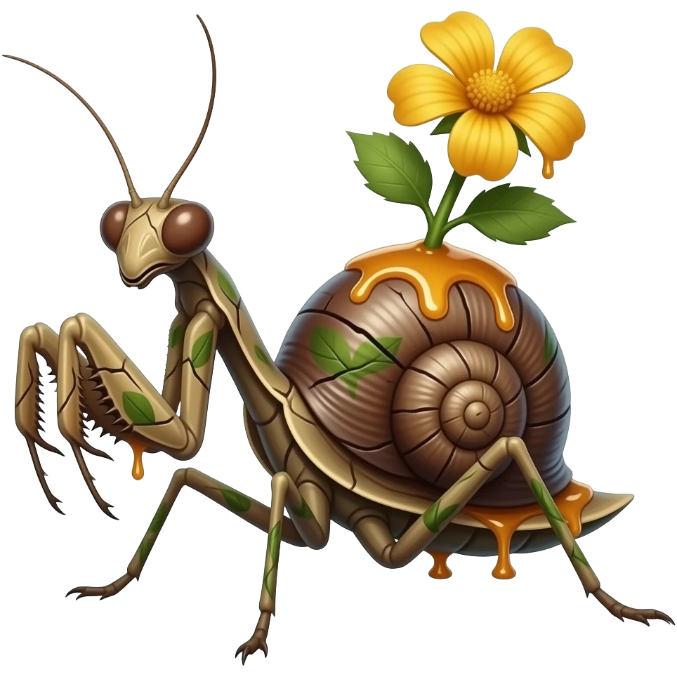 Saprawl A slow forest mantis crawler with sticky amber sap running through cracks in its bark-like body. it's made of bark but has one blooming on its back, it has spikes and runs fast with all its limbs. It's full of leave markings, and looks like a mantis with a snail armor emoji