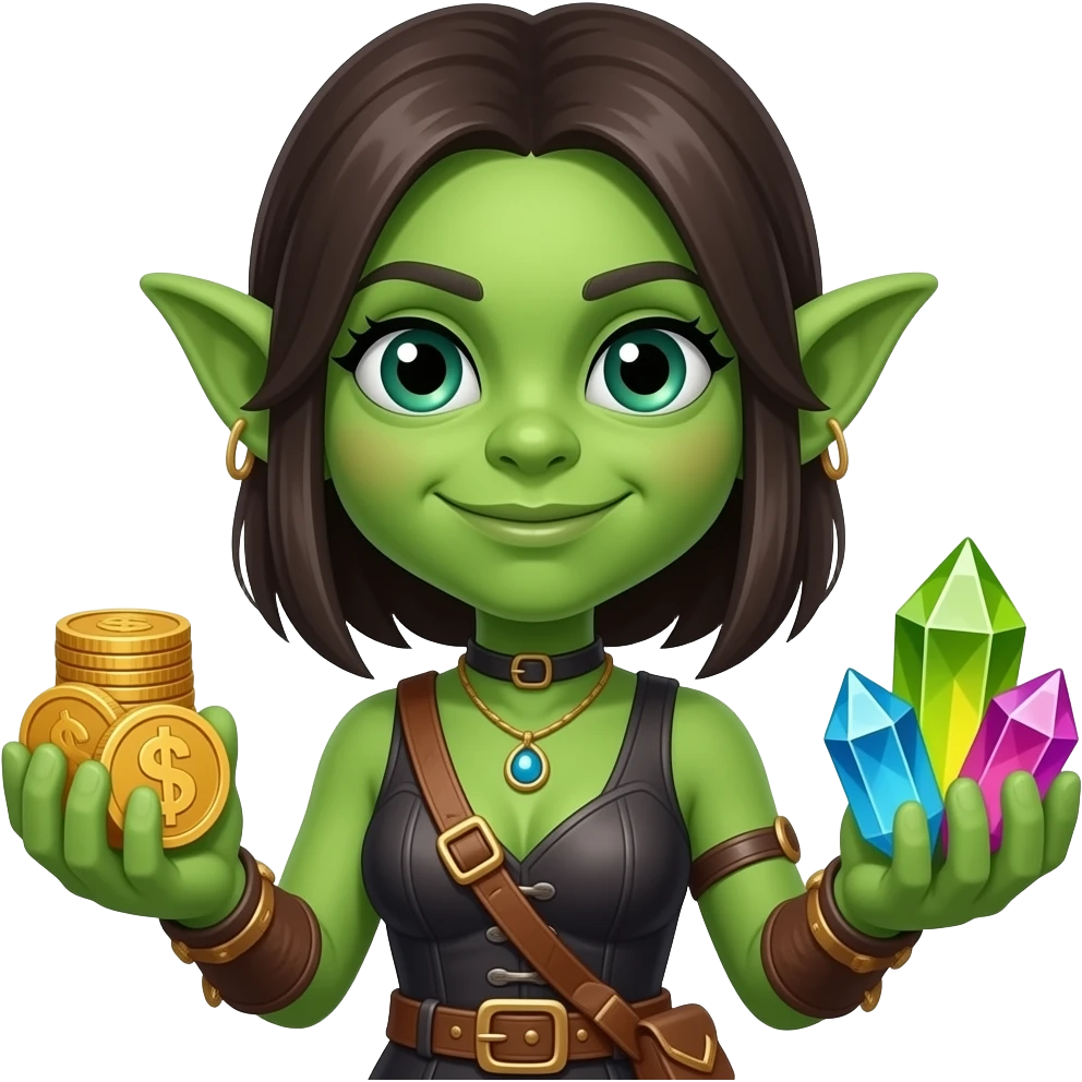Green skin Goblin rogue girl with shiny treasures emoji