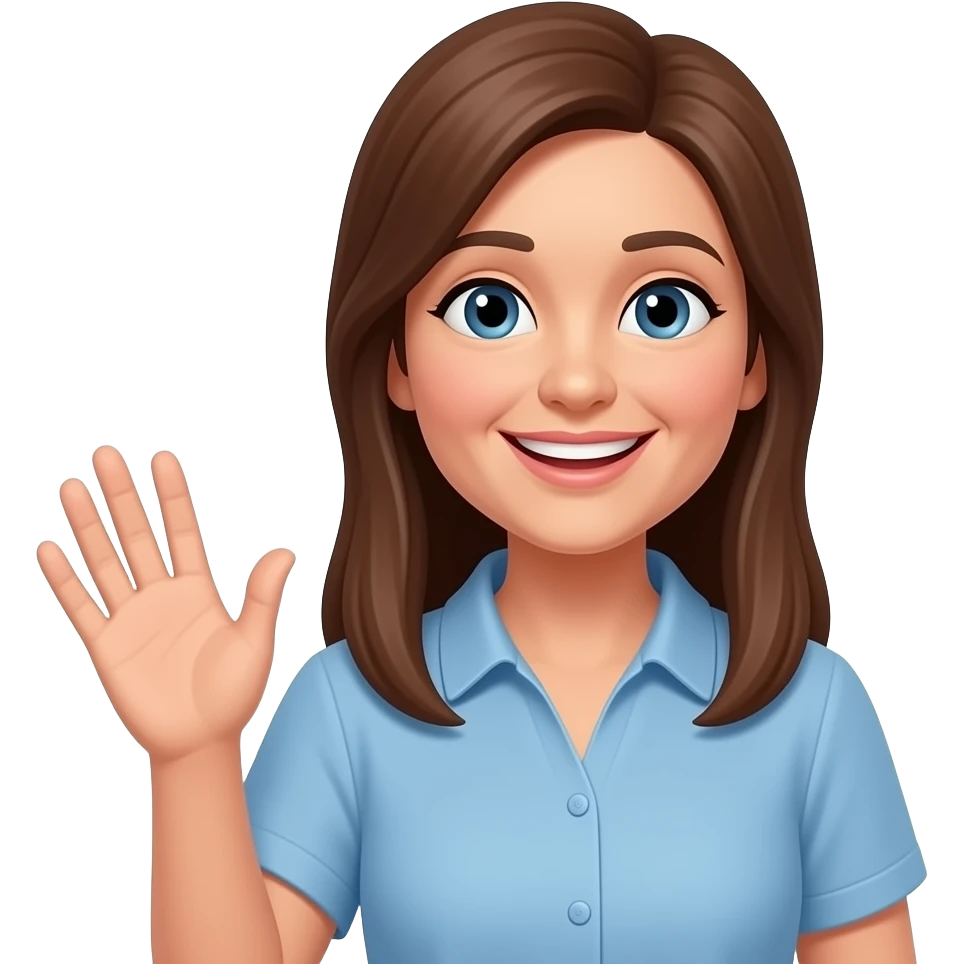 long straight brown hair 50 years old, thin body, teaching math and smiling features show the emoji smiling and waving features emoji