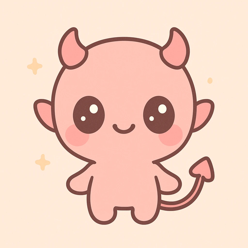 cute devil with big eyes, small horns, playful expression, kawaii style emoji