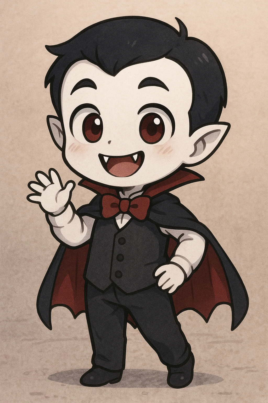 chibi vampire boy, very pale skin, big eyes, fangs showing, friendly look emoji