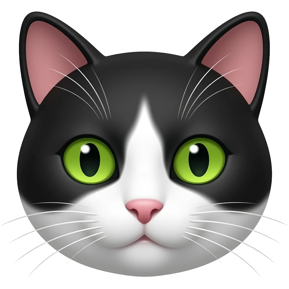 Half black and white face kitty with green eyes emoji