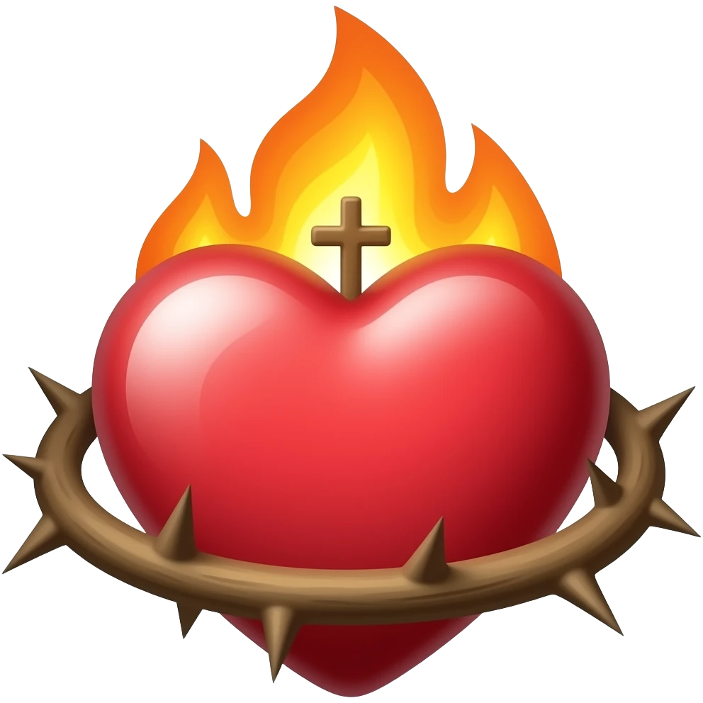 coeur rouge entouré d'épines marrons, surmontée d'une croix et de légères flammes emoji