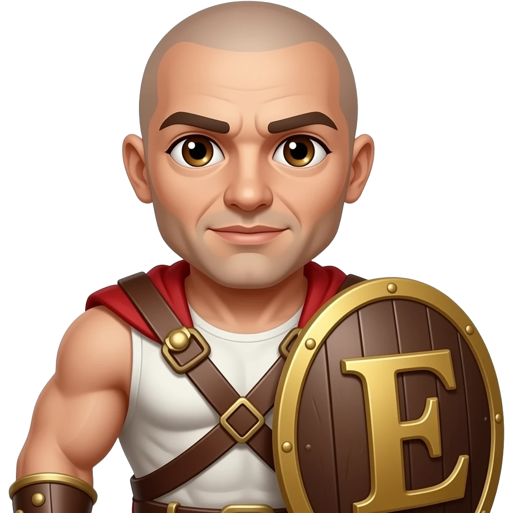 Muscular Roman soldier bald with brown eyes the Letter E on the shield seductive emoji