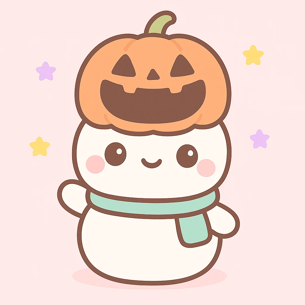 Change the snowman's head to a hollowed-out pumpkin while keeping the body like a classic snowman. Render in kawaii style. Keep the background as is. emoji