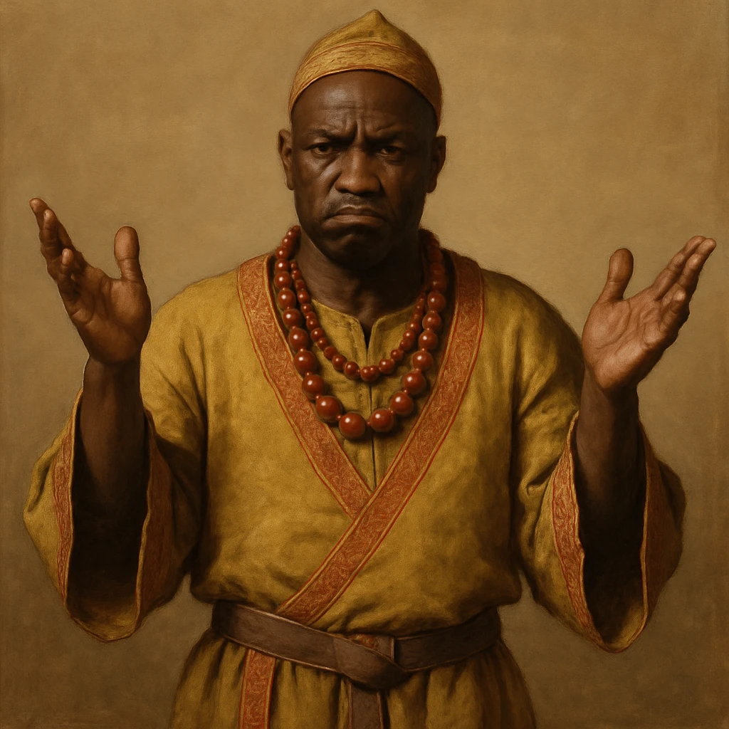 Сгенерируй мне афроамериканца в национальном африканском СРЕДНЕВЕКОВОМ костюме, с бусами лысого,  . Строго в анфас. Его лицо чуточку недовольно, а руками он размахивает и разводит в сторону. На однородном фоне. В стиле реалистичной живописи. Он полностью помещается в экран и не обрезается краями изображения emoji