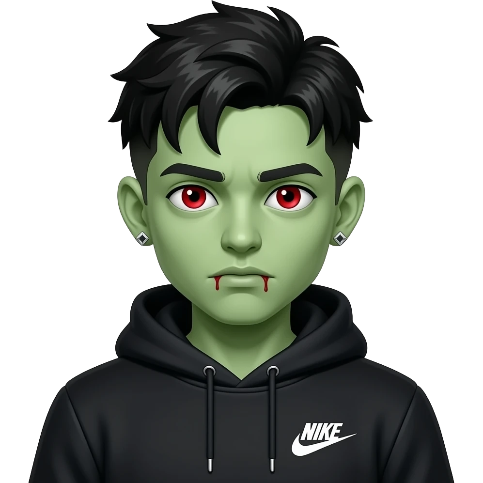 zombie boy with a black low temp fade with c cups, pale green skin, black nike tech, hoodie and red bloody eyes and square diamond stud earrings emoji