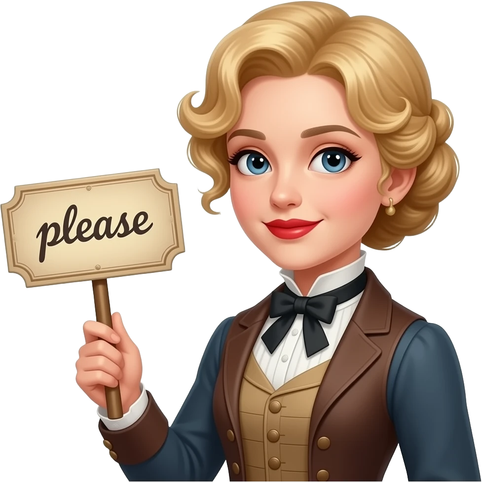 short blonde with spiral curly hair side swept bob pinned up with a vintage sign saying please in an 1800 outfit in red lipstick emoji