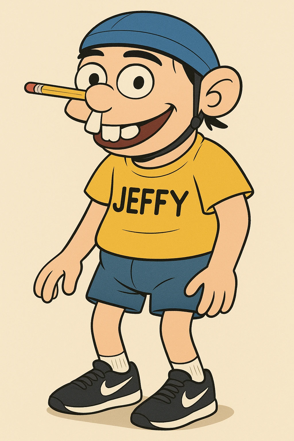 young man with blue helmet, pencil balanced on nose, prominent bunny teeth, yellow shirt labeled 'JEFFY', black Nike sneakers, black eyebrows, playful expression, cartoon style emoji